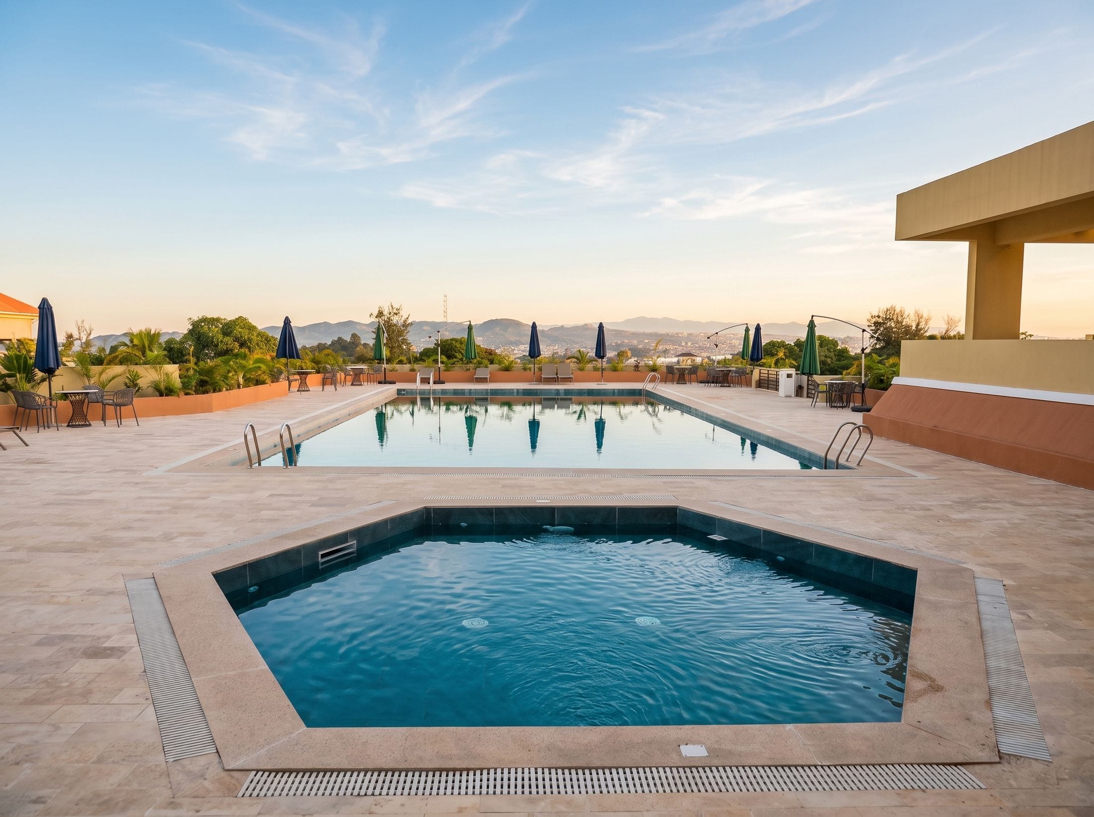 The pool terrace with views across the Jos Plateau