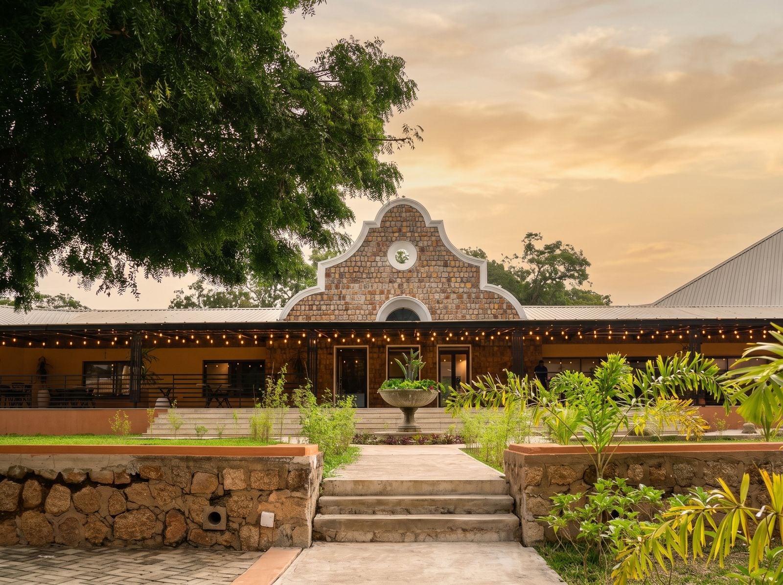The Hill Station's historic gabled entrance at sunset